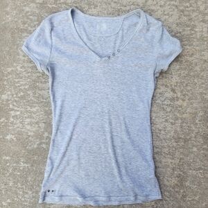 Converse Light Gray Ribbed Casual V-Neck Short Sleeve Tee,‎ Size L